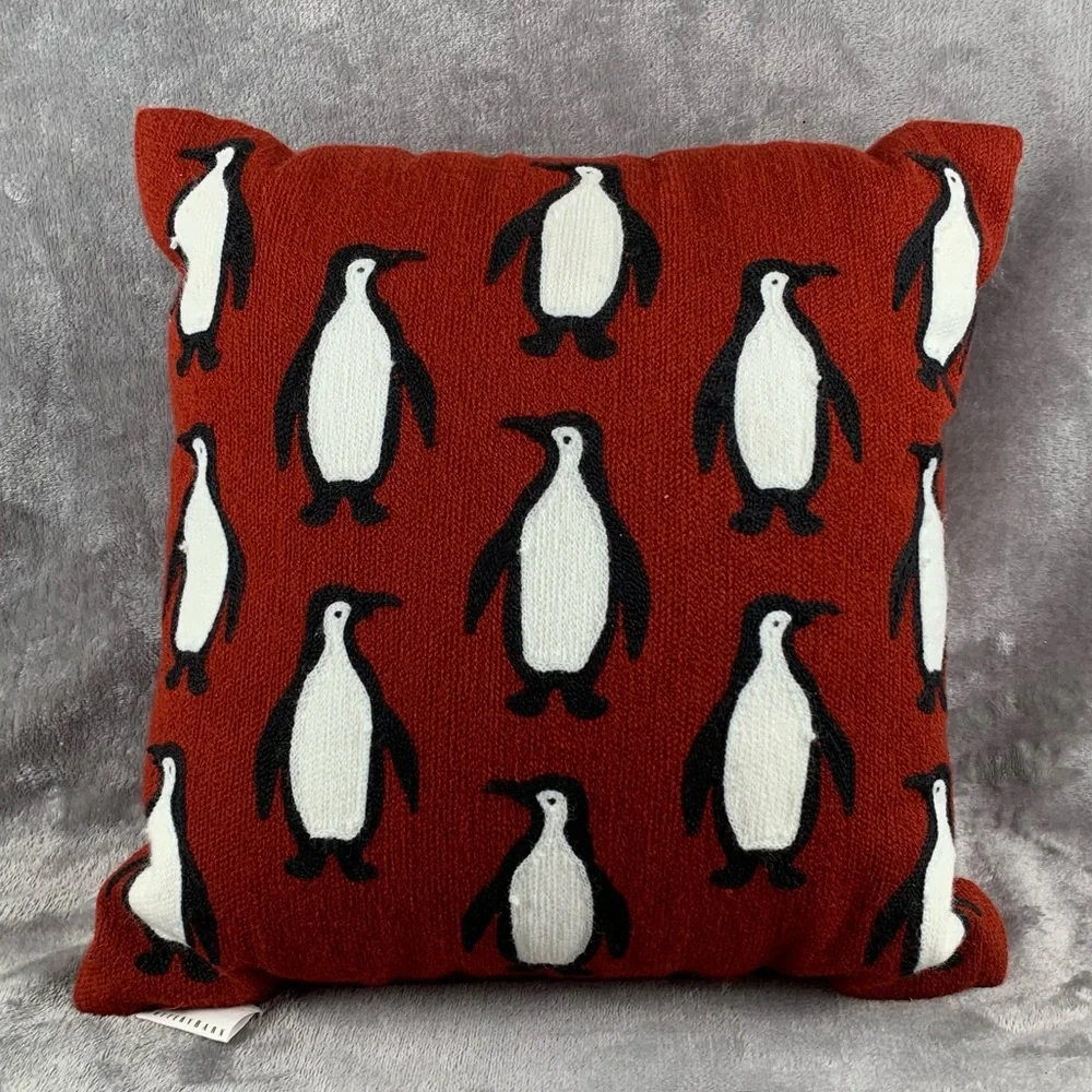 Pottery Barn Red Needlework Penguin‎ Pattern Crewel Pillow 14 X 14 Imperfections